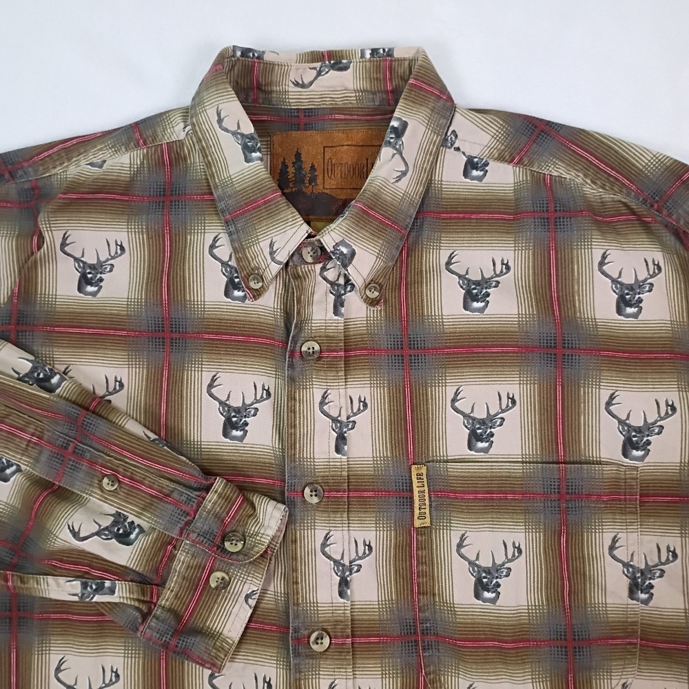 Outdoor Life Mens Plaid Deer Buck Print Button Down Shirt Tan Red Cotton Medium